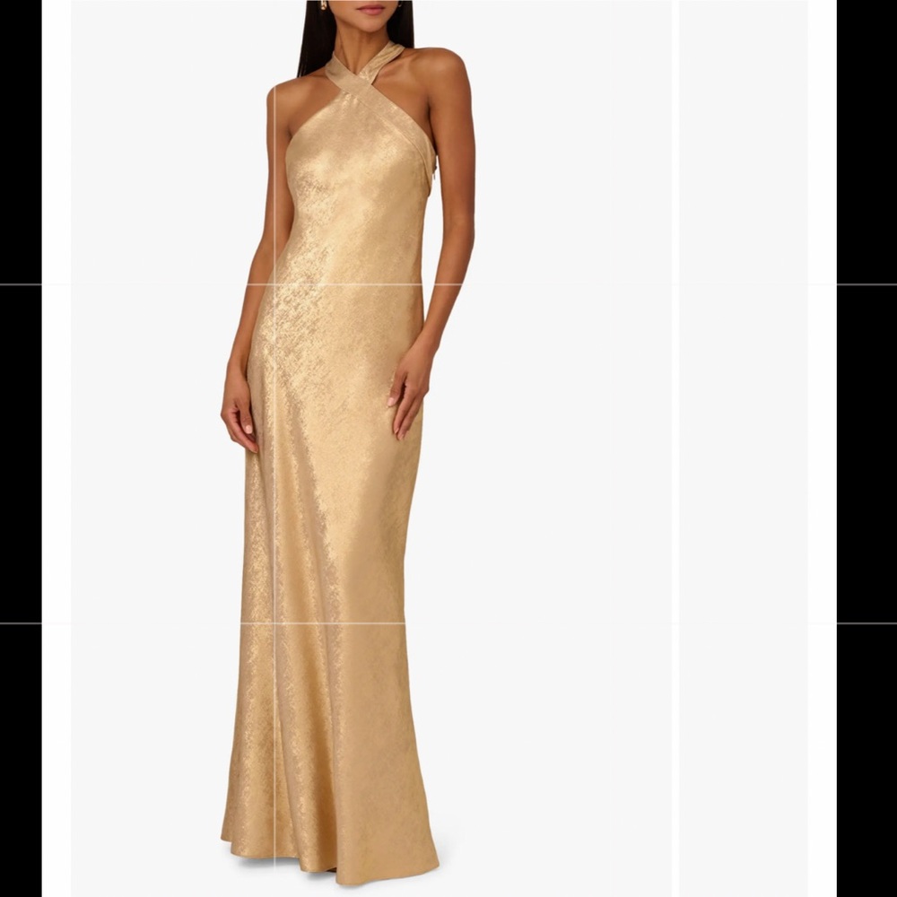 Adrianna Papell Foiled Chiffon Halter Gown Womens 12 Gold Formal Wedding Guest